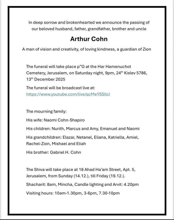 Arthur Cohn ist tot: Sechsfacher Oscar-Preisträger stirbt mit 98 Jahren in Jerusalem – das ist bekannt